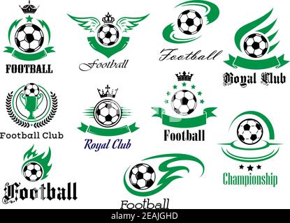 Set di emblemi e loghi calcistici per club sportivo, campionato con palle, banner a nastro, trofeo, corone e stelle nei colori nero, bianco e verde i Illustrazione Vettoriale