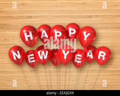 Palloncini d'aria Red Happy New Year su un legno chiaro sfondo Foto Stock
