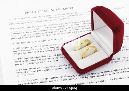 Forma di accordo prenuptial con un paio di anelli di nozze Foto Stock