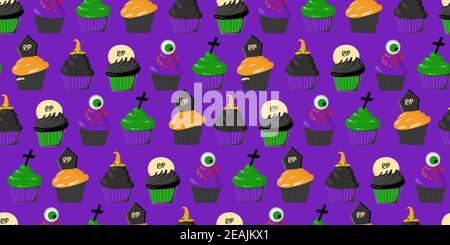 Modello di Halloween. Muffin e cupcake. Modello spaventoso e terribile. Sfondo per Halloween. Disegno di tessuto e carta da imballaggio. Foto Stock