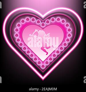 Base a forma di cuore circondata da lampadine rosa al centro È il simbolo del cupido (Dio del desiderio) all'esterno ci sono luci al neon rosa a forma di cuore Illustrazione Vettoriale