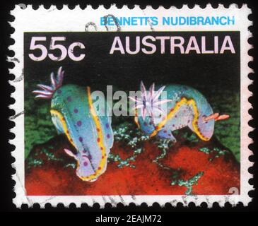 Il francobollo stampato in Australia mostra il nudiranch di Bennettâ€™, serie, circa 1984 Foto Stock