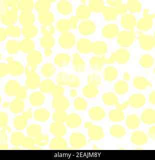 Poster astratto con forme geometriche e macchie. Design alla moda. Design moderno per striscioni. Struttura di cerchi gialli su sfondo bianco Foto Stock