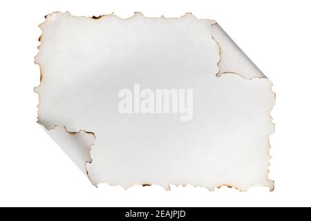 Foglio di carta arrotolato con i bordi bruciati. Isolato Foto Stock