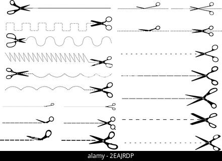 Set di varie forme di forbici tagliate lungo punti e. linee tratteggiate forme e direzioni diverse per l'imballaggio del prodotto e. disegno pubblicitario Illustrazione Vettoriale
