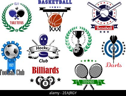 Set di emblemi sportivi per freccette da baseball, biliardo, bowling, pallacanestro, calcio, tennis, biliardo, hockey, ping pong con attrezzature, la Illustrazione Vettoriale