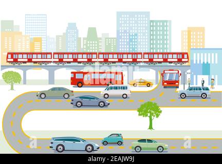 Trasporto in treno sopraelevato, autobus e traffico stradale Foto Stock