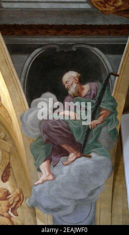 San Simone lo Zealot, affresco sul soffitto della Cattedrale di San Nicola a Lubiana, Slovenia Foto Stock