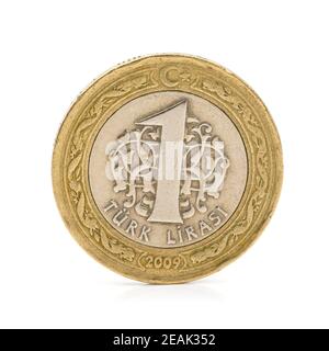 Moneta di lira turca su sfondo bianco Foto Stock