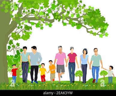 Famiglie con bambini in primavera illustrazione Foto Stock