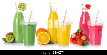 Frullato frullato smoothie succo di frutta bevande paglia in bottiglia e coppa isolata Foto Stock