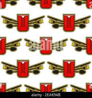 Ristorazione o ristorante senza cuciture con un tankard di birra o tazza di caffè fiancheggiata da coltelli, forchette e cucchiai in un motivo ripetuto in formato quadrato Illustrazione Vettoriale