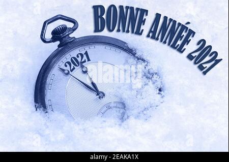 Bonne Annee, felice anno nuovo 2021 saluto in lingua francese, testo, biglietto di auguri 2021, conto alla rovescia fino a mezzanotte Foto Stock