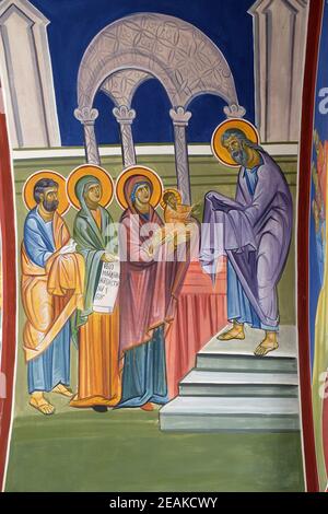 La presentazione di Gesù al tempio, affresco nella chiesa di Saint Paraskeva dei Balcani vicino a Saint Naum Monastero, Ohrid in Macedonia Foto Stock