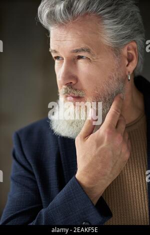 Primo piano ritratto dell'elegante bell'uomo di mezza età con capelli grigi che guarda lontano, toccandola la barba mentre si posa in casa. Stile di vita, concetto di persone Foto Stock