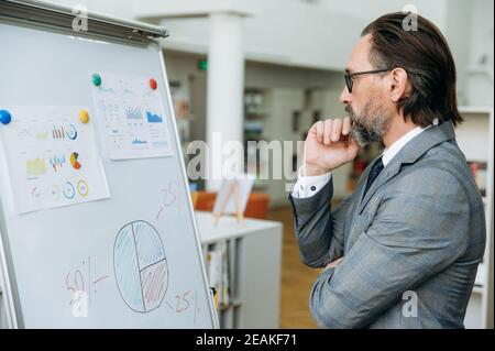 L'uomo d'affari anziano pensivo in abito formale si trova in ufficio, guarda la lavagna a fogli mobili, pensando al progetto di lavoro. Un dipendente di sesso maschile serio sviluppa una nuova strategia o una nuova start-up, avendo un brainstorming teso Foto Stock