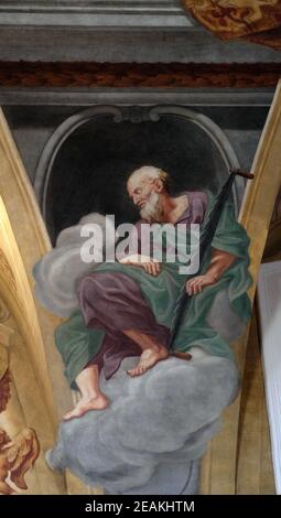 San Simone lo Zealot, affresco sul soffitto della Cattedrale di San Nicola a Lubiana, Slovenia Foto Stock