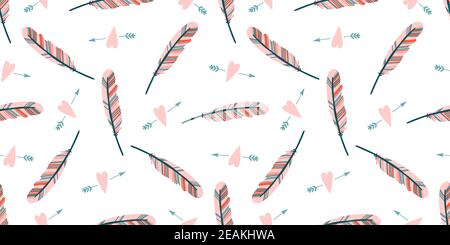 Carino modello d'amore. Piume e cuori. Carta da imballaggio per San Valentino. Girly ripetendo lo sfondo. Carta da parati romantica per ragazze, tessuti, abbigliamento, carta da imballaggio Foto Stock