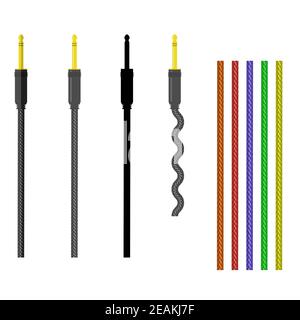 Set di diversi cavi audio isolati su sfondo bianco. Foto Stock