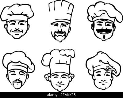 Set di sei diversi chef di bozzetti in bianco e nero o cuoce le teste con i volti sorridenti che indossano il bianco tradizionale cappello o toque Illustrazione Vettoriale