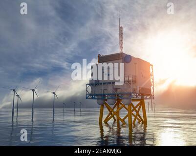 Produzione di energia rinnovabile idrogeno - gas idrogeno per energia elettrica pulita impianto solare e di turbine eoliche. rendering 3d. Foto Stock