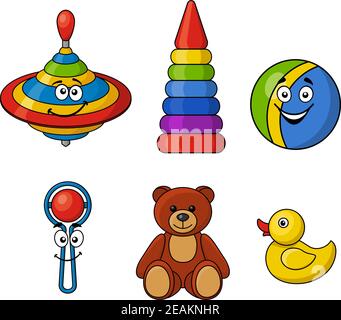 Set di giocattoli per bambini dai colori vivaci con un top rotante, palla, sonaglino, orsacchiotto, torre ad anello e anatra gialla isolata su sfondo bianco Illustrazione Vettoriale