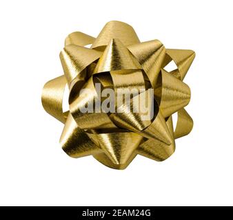 Nastro d'arco Golden Gift isolato su sfondo bianco. Foto Stock