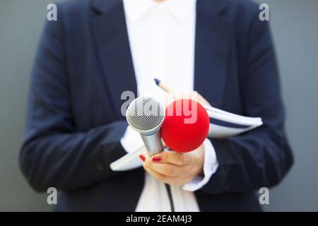 Giornalista In conferenza stampa, scrivere note, tenendo il microfono Foto Stock
