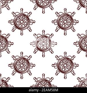 Modello senza cuciture di una ruota di navi vecchio stile con raggi radiali in un marrone e bianco ripetere il motivo in formato quadrato Illustrazione Vettoriale