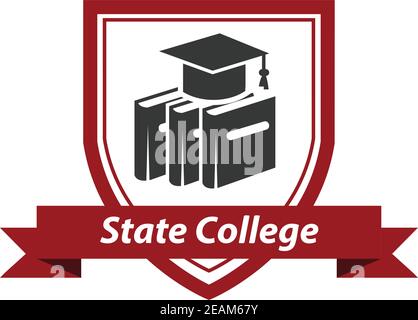 Emblema dello state College con libri e un cappello da mortarboard racchiuso in uno schermo sopra un banner del nastro con le parole State College Illustrazione Vettoriale