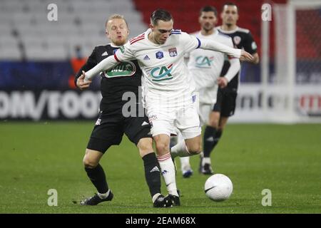 Maxence CAQUERET di Lione durante la Coppa di Francia, round di 64 partita di calcio tra Olympique Lyonnais e AC Ajaccio il mese di febbraio / LM Foto Stock