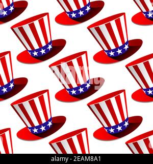 Patriottico americano top Hat modello senza cuciture con un colorato top Hat decorato con stelle e strisce in formato quadrato adatto per carta da parati, piastrelle Illustrazione Vettoriale
