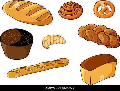 Set di prodotti da forno a base di cartone fresco assortito con baguette croccante, pasticceria danese, pretzel, muffin, croissant, pane laccato, pane bianco e rotolo, illust vettoriale Illustrazione Vettoriale