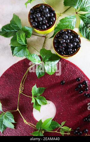 Pastila di bacche di ribes nero su sfondo chiaro. Nelle vicinanze si trova un ramo con foglie verdi. Ribes nero in piatti di ceramica. Foto verticale. Foto Stock