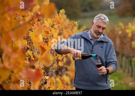 Simon Day versa alcuni dei suoi novelli inglesi, un primo pinot nero prodotto a sedici creste in Herefordshire. La tenuta vicino a Ledbury inizierà a vendere il suo Nouveau Inglese più avanti questo mese in una sfida diretta a Beaujolais Nouveau. Data immagine: Lunedì 9 novembre 2020. Guarda la storia di PA CONSUMER Wine. Il credito fotografico dovrebbe essere: Jacob King/PA Wire Foto Stock