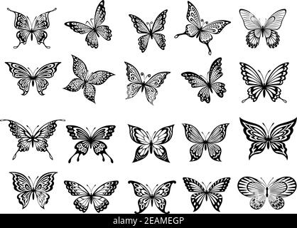 Set di venti farfalle bianche e nere ornate con aprire le alette per l'uso come elementi di progettazione Illustrazione Vettoriale