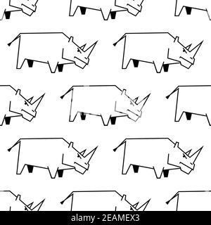 Ripetizione senza giunture di uno schizzo stilizzato con contorni in bianco e nero disegno di un rinoceronte in vista laterale Illustrazione Vettoriale