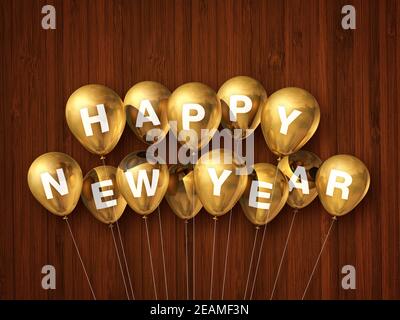 Palloncini d'aria Gold Happy New Year su un legno scuro sfondo Foto Stock