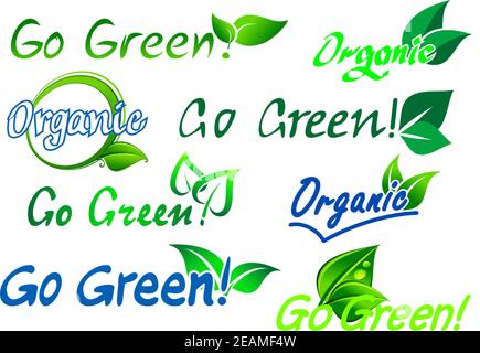 Set di etichette biologiche verdi e blu-verde colorate con testo e foglie verdi fresche isolate su bianco per qualsiasi disegno ecologico Illustrazione Vettoriale