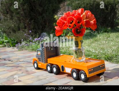 il camion giocattolo in una giornata di sole luminoso porta un grande bouquet di tulipani rossi per un regalo. Concetto di amore, affari - congratulazioni, festa del giorno del motore. D Foto Stock