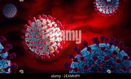Coronavirus Covid-19 Banner sfondo rosso - illustrazione 3d Foto Stock