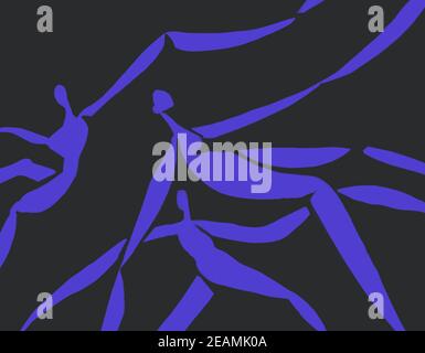 Più persone in levitazione e danza. Pacifica e graziosa illustrazione astratta . Henri Matisse Vibe. Silhouette blu Collage isolato su nero. Stencil Art per stampa e poster Foto Stock