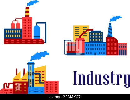 Set di edifici industriali in fabbrica piatti, adatto per la progettazione industriale ed ecologica Illustrazione Vettoriale