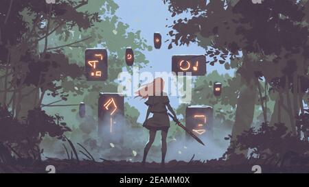 donna con la sua spada guardando le misteriose pietre galleggianti nella foresta, stile arte digitale, pittura di illustrazione Foto Stock