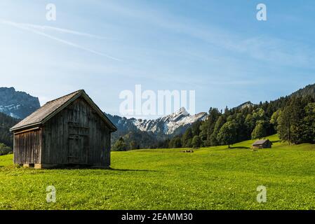 Paesaggio con capanna, Toggenburg, Canton San Gallo, Svizzera Foto Stock