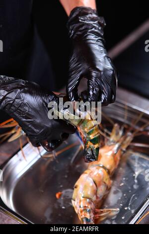 Il cuoco apre il guscio di un gamberetto. Un gigantesco gamberetto d'acqua dolce nelle mani dello chef. Mani in guanti protettivi. Foto su sfondo nero. Persona irriconoscibile. Foto Stock