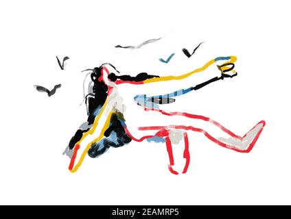 Someone Fly with bird. Painting, Modern Abstract Graffiti illustration. Paint with Primary Color. Contemporary art for Print and Poster Stock Photo