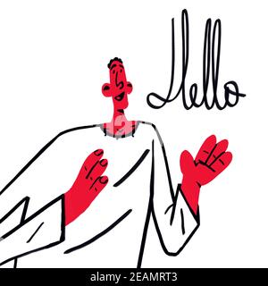 Il ragazzo divertente dice Ciao. Cartoon Clipart vintage dal design piatto e colore primario. Schizzo con linea grassetto e stile anni '50. Concetto di benvenuto isolato su bianco. Foto Stock