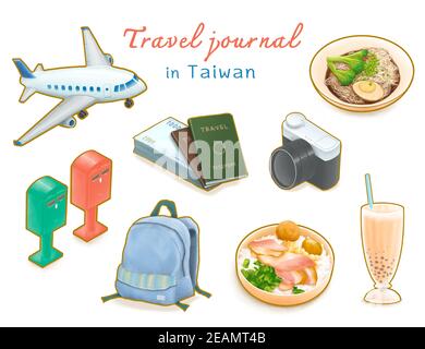 Travel Journal in Taiwan collection, pittura digitale di aereo, passaporto, posta, zaino, macchina fotografica, treno pranzo scatola, taiwanese noodle, bolla te Foto Stock