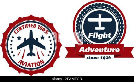 Simboli aerei e di volo con aeroplano, stelle, banner e testo in varianti retrò e moderne. Isolato su sfondo bianco Illustrazione Vettoriale